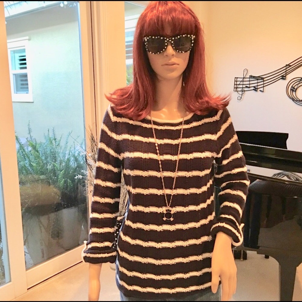 Navy & White Striped Cuffed Sleeve Sweater